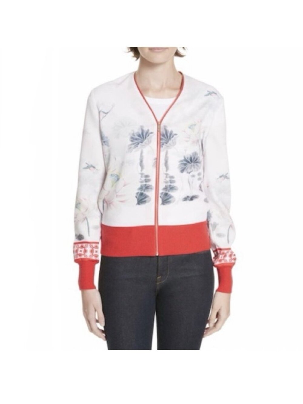 Ted Baker London Illian Pink Floral Bomber Jacket Red Trim Zip Front 2 Xs